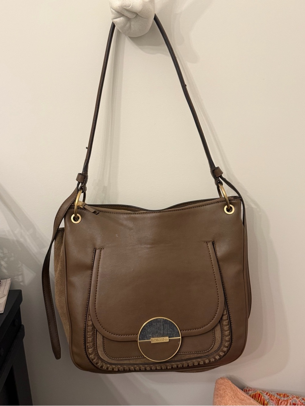 Calvin Klein Brown Leather Shoulder Bag with Gold Accent